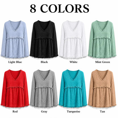 Women's Boho V Neck Long Sleeve Fringe Top Plus Size