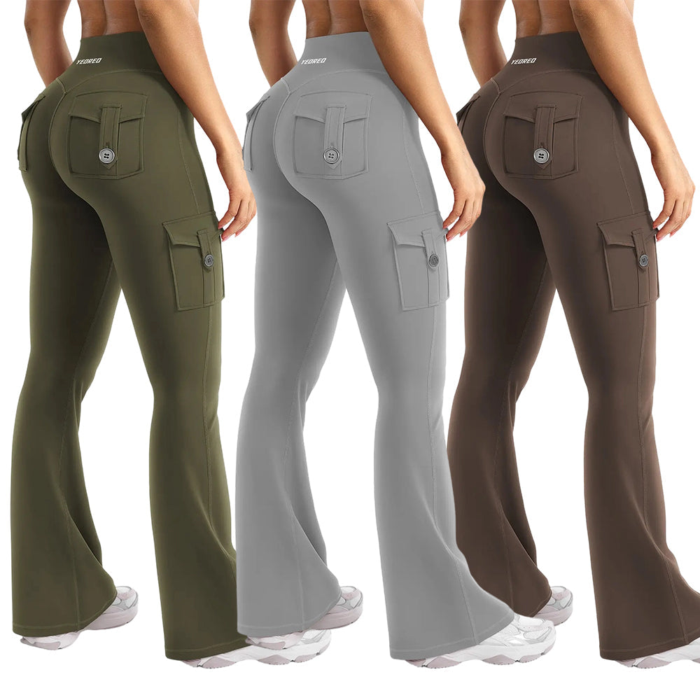 Women's Workout Flare Leggings with Pockets Hidden Scrunch High Waisted Cargo Gym Yoga