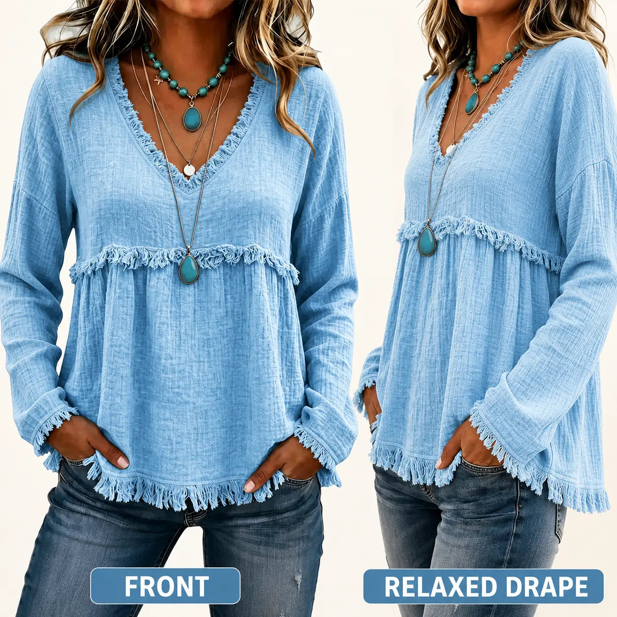 Women's Boho V Neck Long Sleeve Fringe Top Plus Size