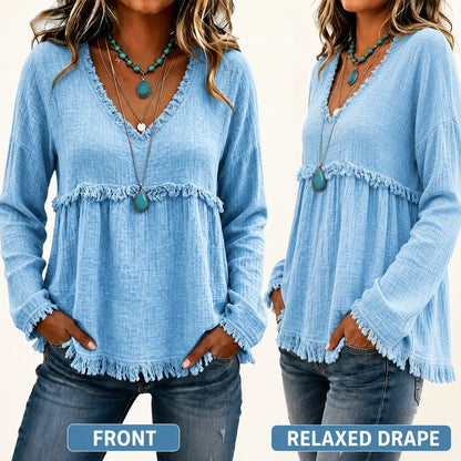 Women's Boho V Neck Long Sleeve Fringe Top Plus Size