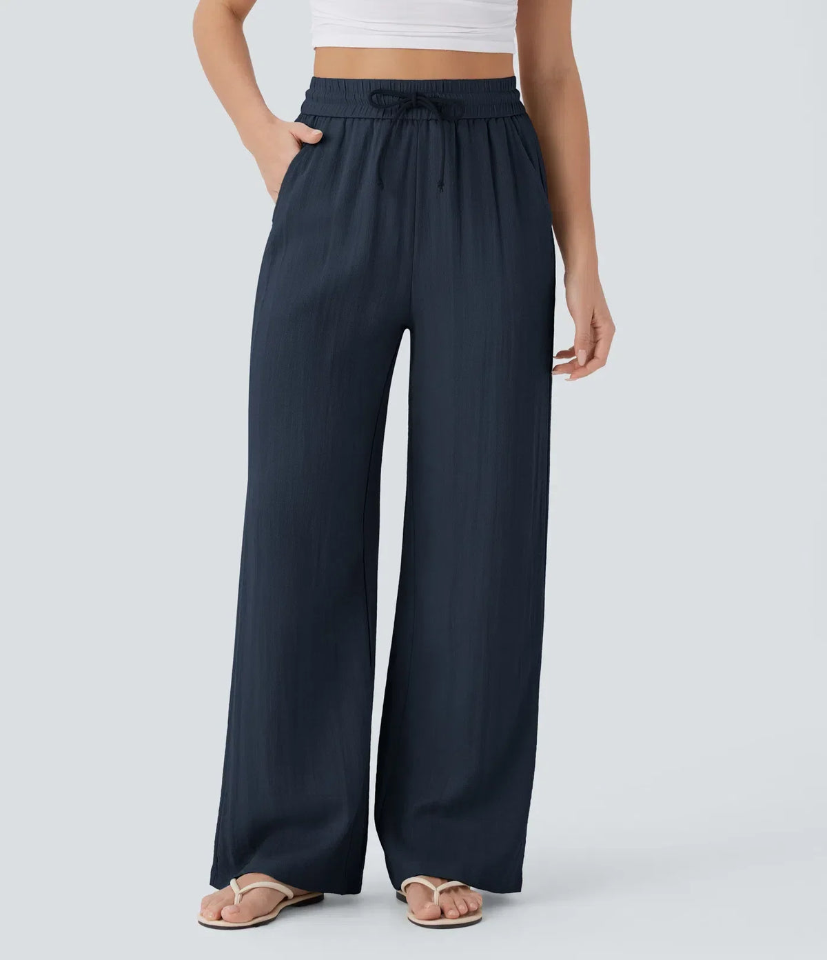 ⏰Clearance Sale⚡High Waisted Drawstring Pocket Wide Leg Casual Linen-Feel Pants