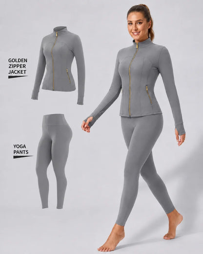 Women's Gold-Color Zip-Up Jacket & Yoga Leggings Set