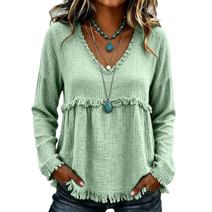 Women's Boho V Neck Long Sleeve Fringe Top Plus Size