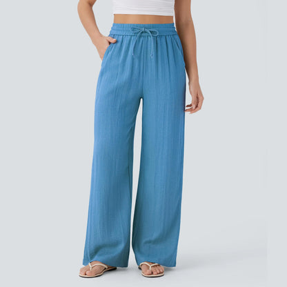 High-Waisted Drawstring Wide-Leg Linen-Feel Pants with Pockets