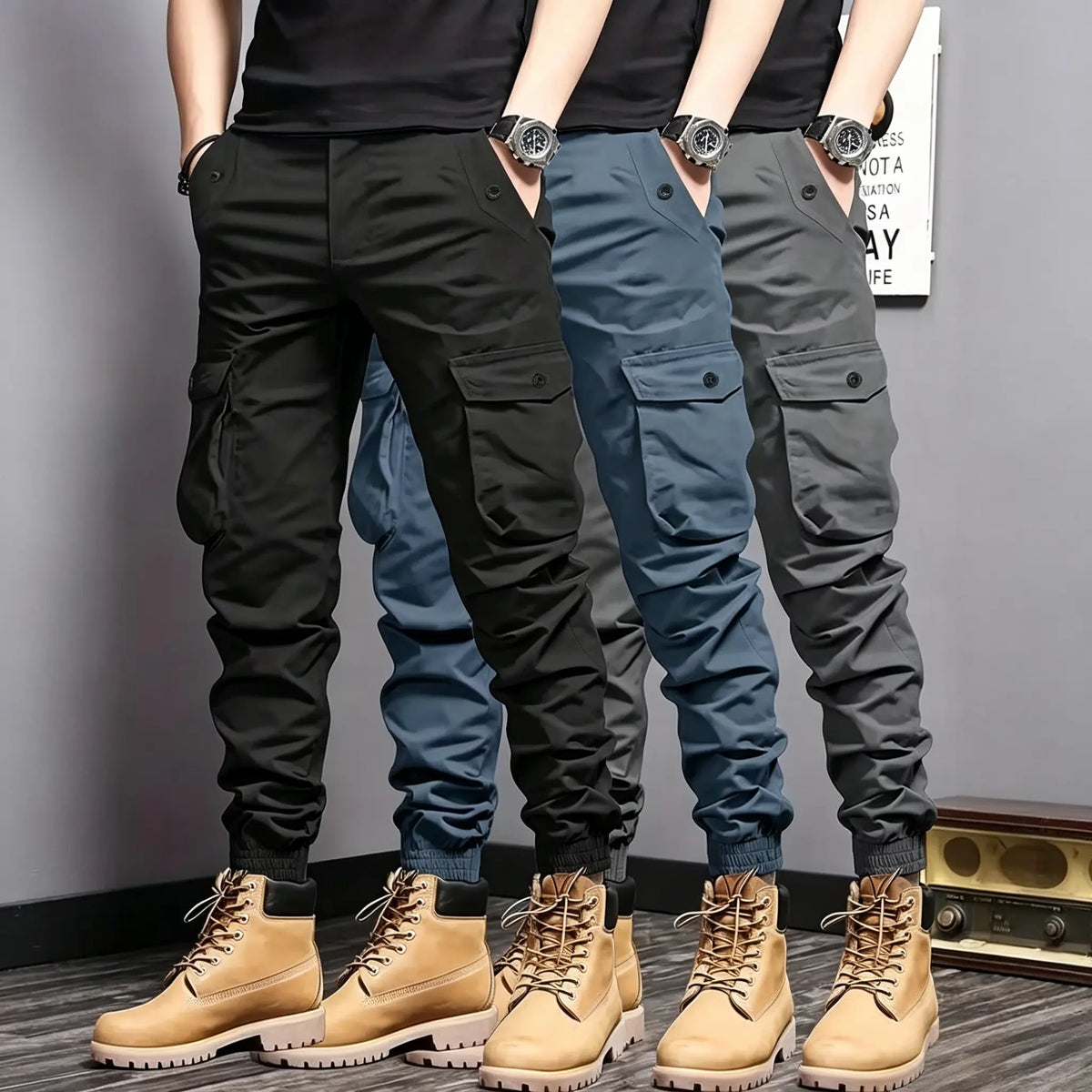 Men's Multi-Color Cargo Joggers — Multi-Pocket Tactical Casual Long Pants