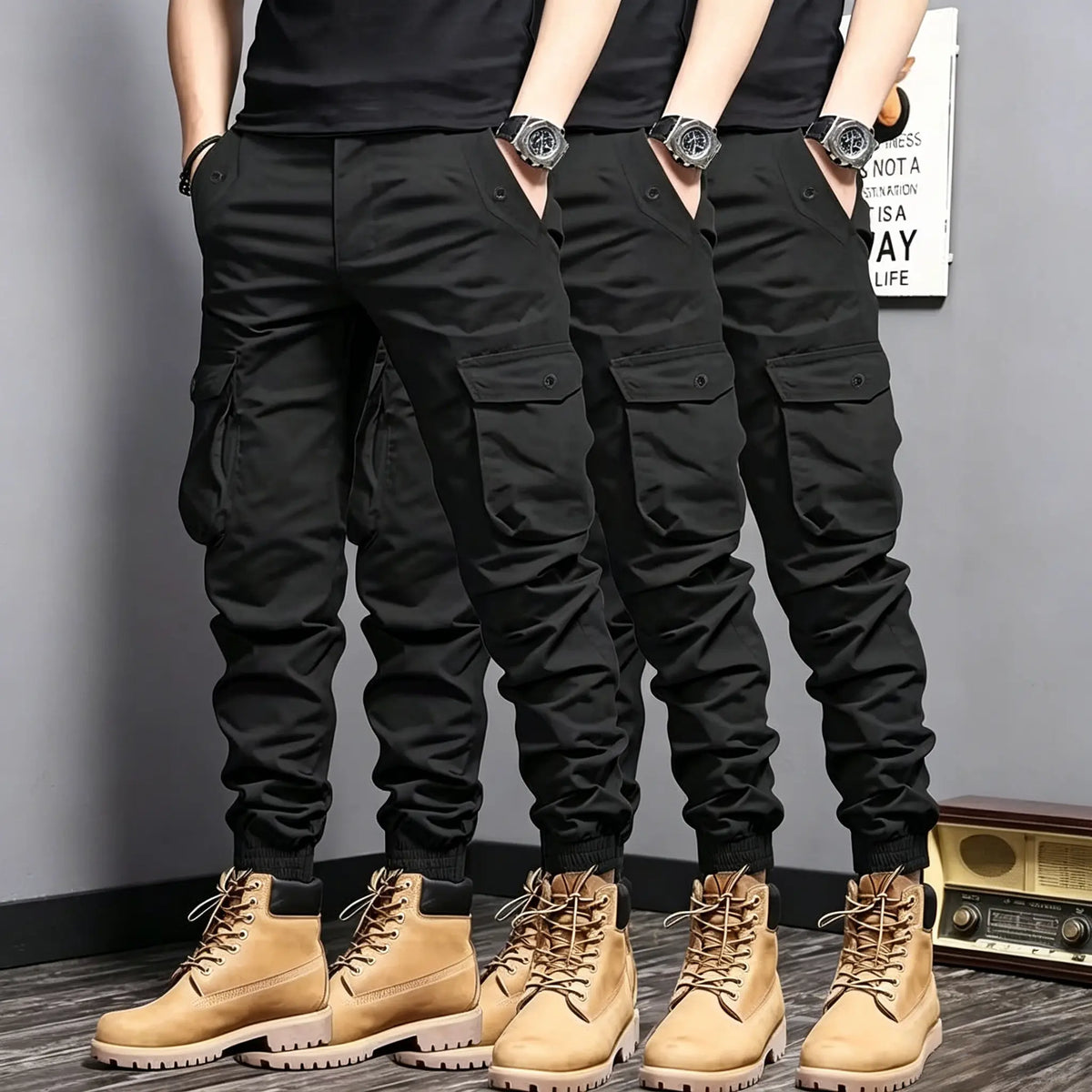 Men's Multi-Color Cargo Joggers — Multi-Pocket Tactical Casual Long Pants