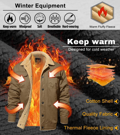 Men's Sherpa Lined Soft Fabric Longsleeves Winter Trucker Cargo Jacket