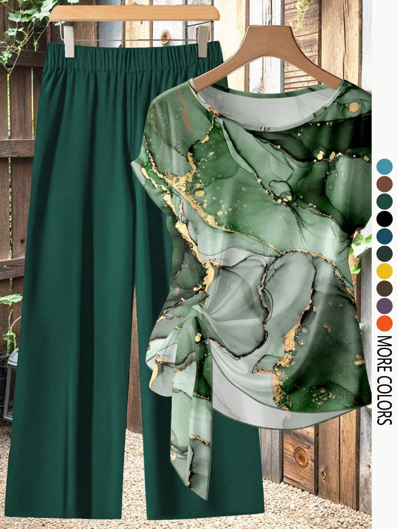 Women's Casual Printed Necktie Shirt and Loose Straight Pants Set
