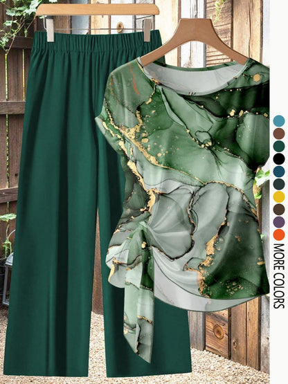 Women's Casual Printed Necktie Shirt and Loose Straight Pants Set