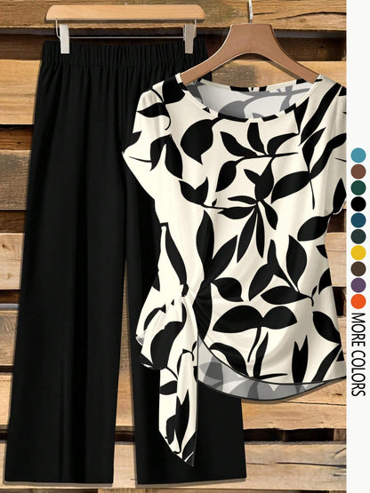 Women's Casual Printed Necktie Shirt and Loose Straight Pants Set