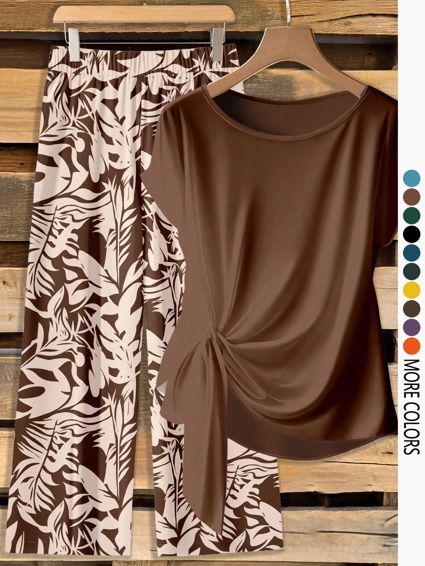 Women's Casual Printed Necktie Shirt and Loose Straight Pants Set