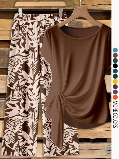 Women's Casual Printed Necktie Shirt and Loose Straight Pants Set