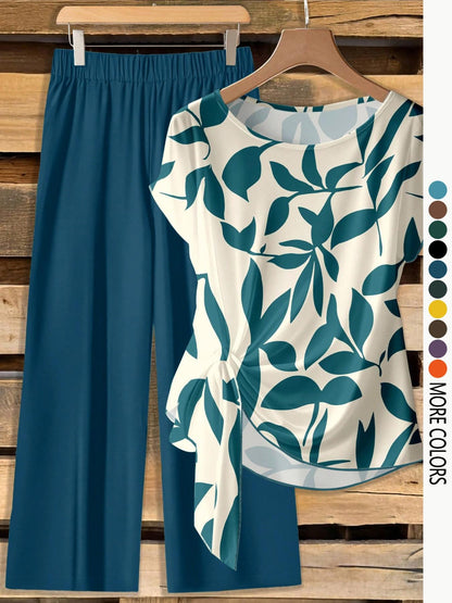 Women's Casual Printed Necktie Shirt and Loose Straight Pants Set