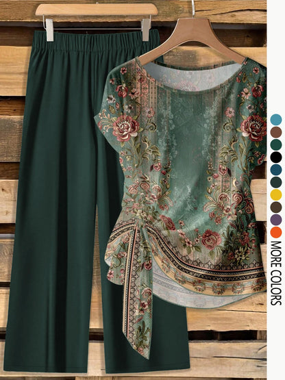 Women's Casual Printed Necktie Shirt and Loose Straight Pants Set