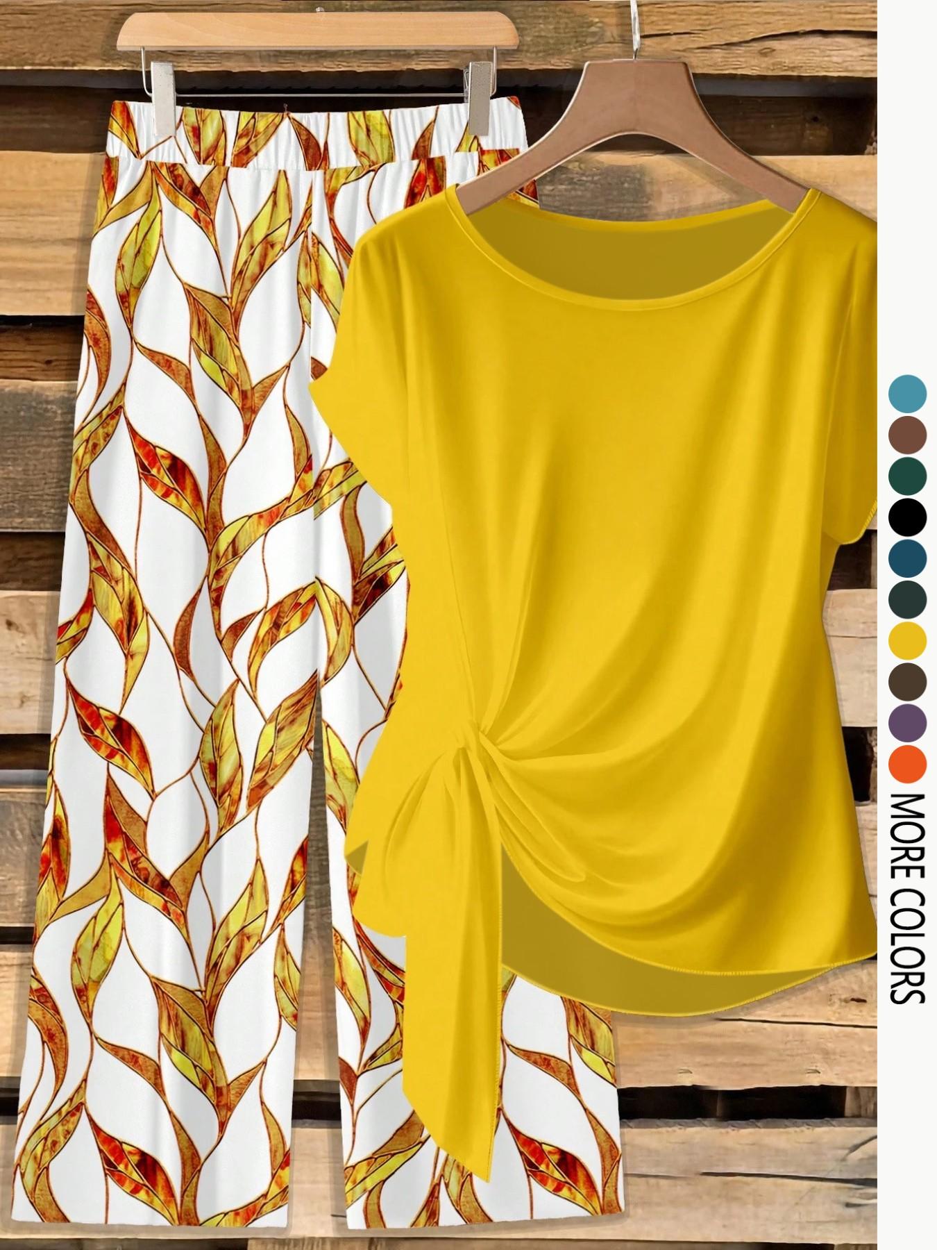 Women's Casual Printed Necktie Shirt and Loose Straight Pants Set