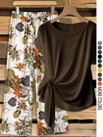 Women's Casual Printed Necktie Shirt and Loose Straight Pants Set