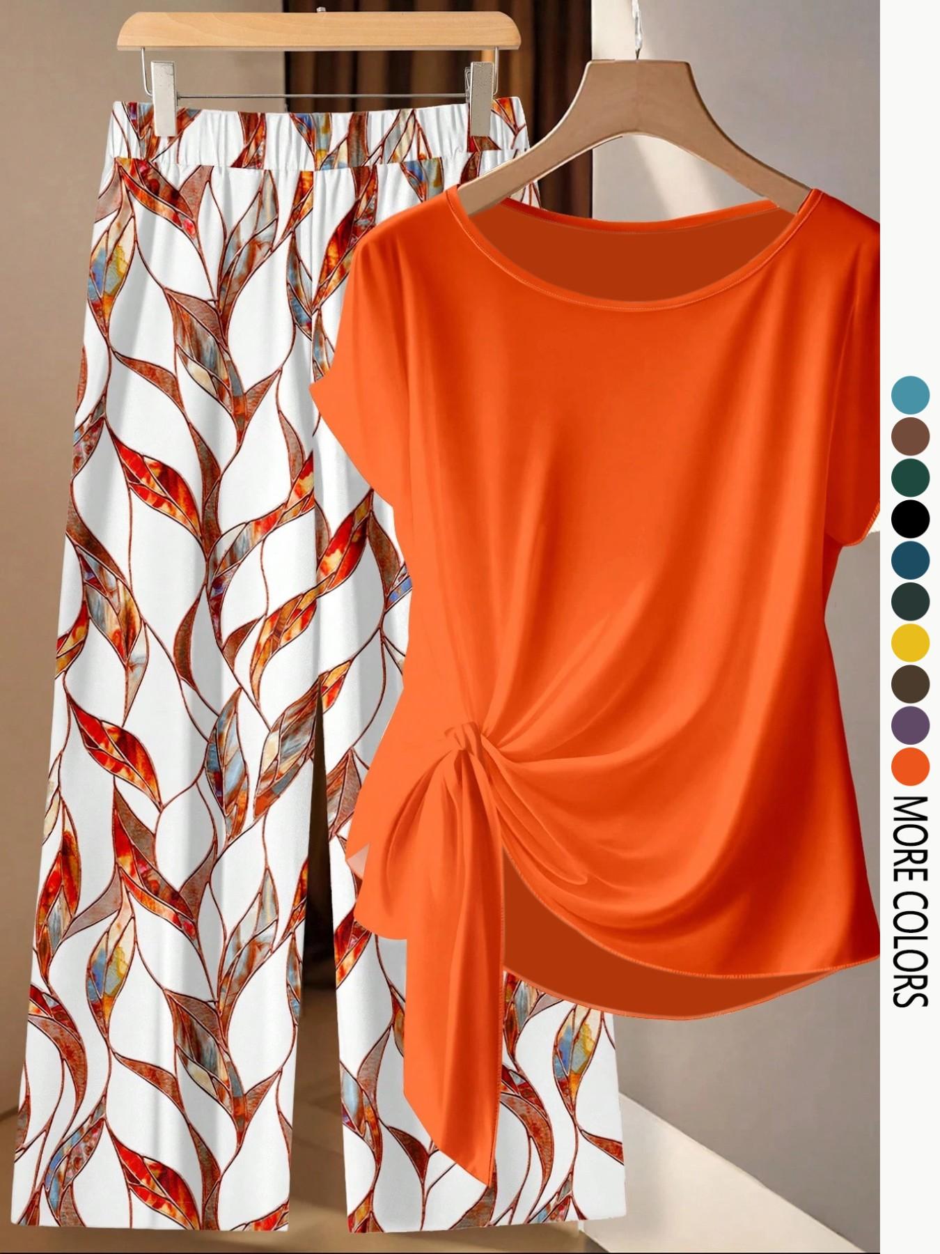 Women's Casual Printed Necktie Shirt and Loose Straight Pants Set