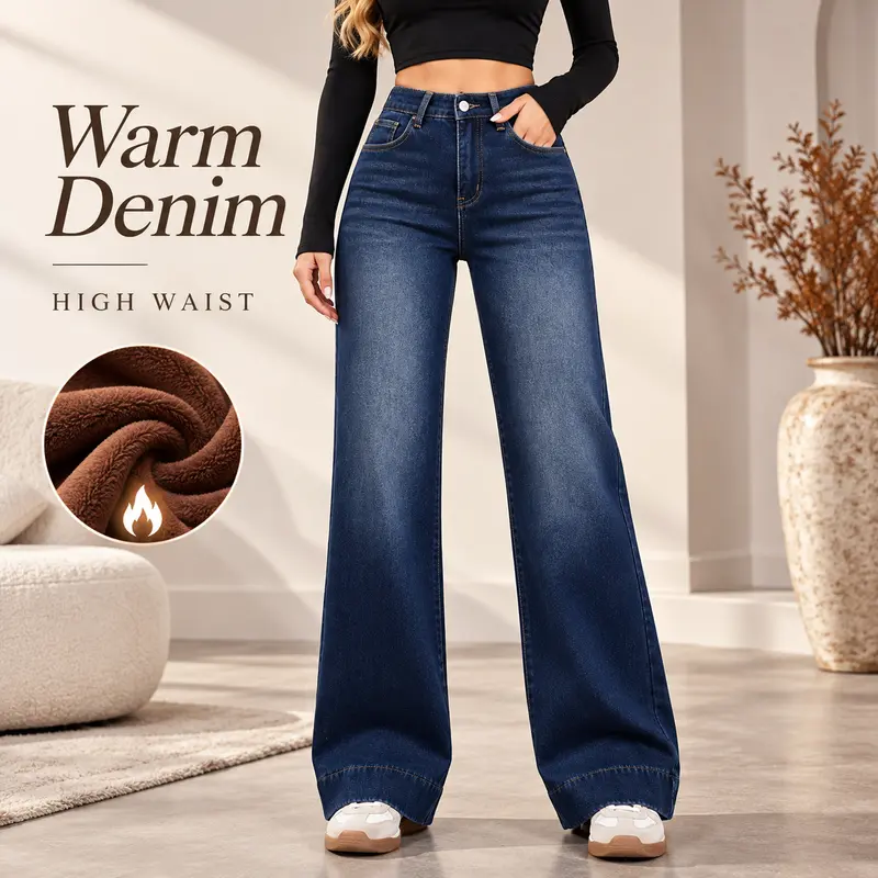 Women's Basic Fleece-Lined High-Waisted Wide-Leg Pocketed Denim Jeans