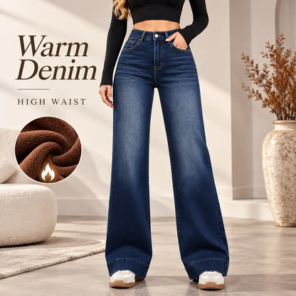 Women's Basic Fleece-Lined High-Waisted Wide-Leg Pocketed Denim Jeans