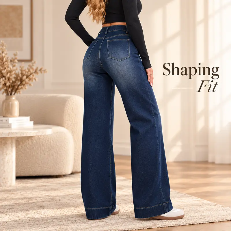 Women's Basic Fleece-Lined High-Waisted Wide-Leg Pocketed Denim Jeans