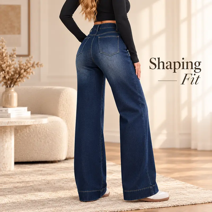 Women's Basic Fleece-Lined High-Waisted Wide-Leg Pocketed Denim Jeans