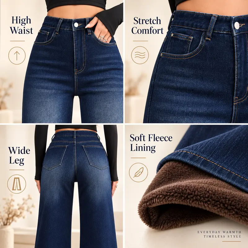 Women's Basic Fleece-Lined High-Waisted Wide-Leg Pocketed Denim Jeans