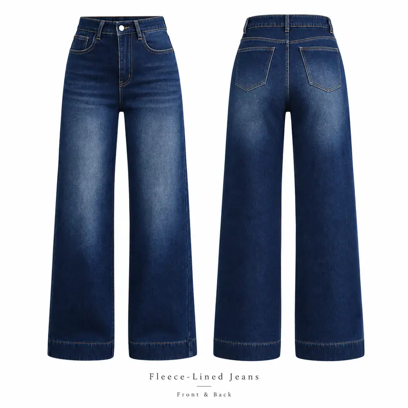 Women's Basic Fleece-Lined High-Waisted Wide-Leg Pocketed Denim Jeans