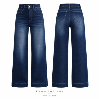 Women's Basic Fleece-Lined High-Waisted Wide-Leg Pocketed Denim Jeans