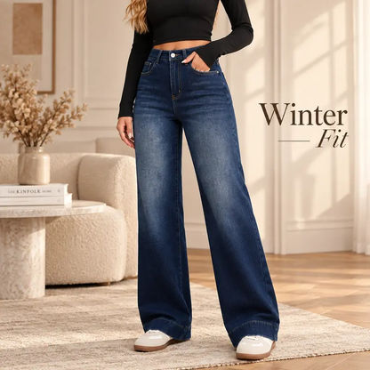 Women's Basic Fleece-Lined High-Waisted Wide-Leg Pocketed Denim Jeans