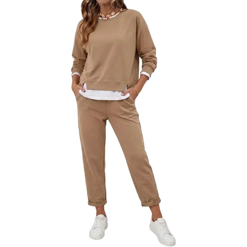 Women's 2 Piece Set Fake Layering   Crewneck Fleece Long