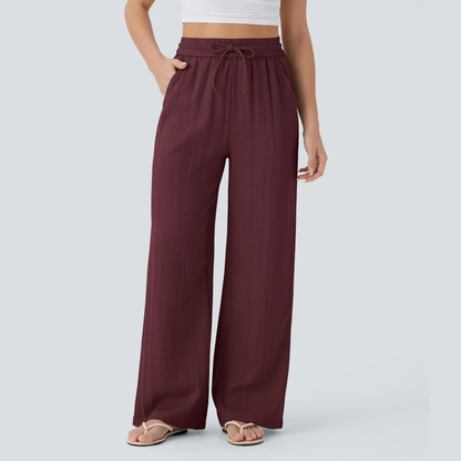 High-Waisted Drawstring Wide-Leg Linen-Feel Pants with Pockets