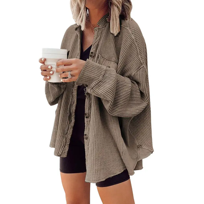 Women's Loose Fit Batwing Sleeve Waffle Knit Button Down Shacket Top