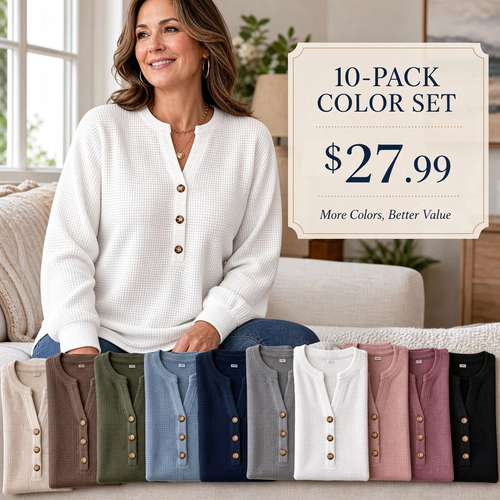 Women's Waffle Knit Long Sleeve Henley Top
