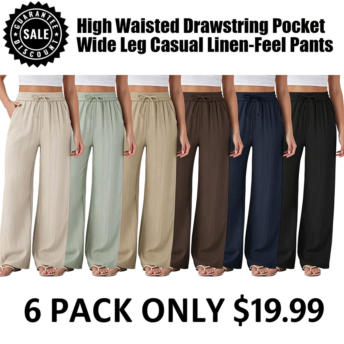 ⏰Clearance Sale⚡High Waisted Drawstring Pocket Wide Leg Casual Linen-Feel Pants