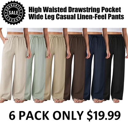 ⏰Clearance Sale⚡High Waisted Drawstring Pocket Wide Leg Casual Linen-Feel Pants