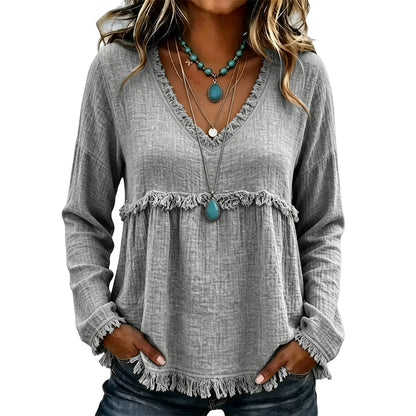 Women's Boho V Neck Long Sleeve Fringe Top Plus Size