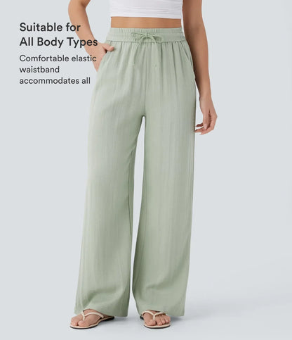 ⏰Clearance Sale⚡High Waisted Drawstring Pocket Wide Leg Casual Linen-Feel Pants