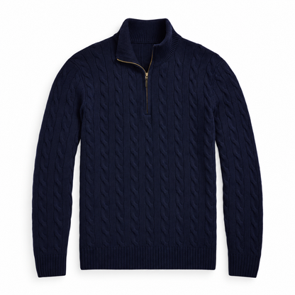 Men's Cable Knit Quarter Zip Sweater, Classic Long Sleeve Pullover with Ribbed Collar