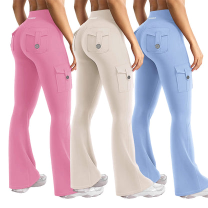 Women's Workout Flare Leggings with Pockets Hidden Scrunch High Waisted Cargo Gym Yoga