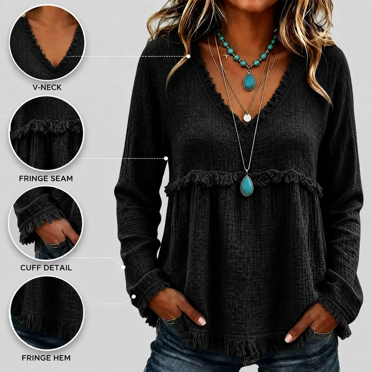 Women's Boho V Neck Long Sleeve Fringe Top Plus Size