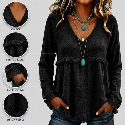 Women's Boho V Neck Long Sleeve Fringe Top Plus Size