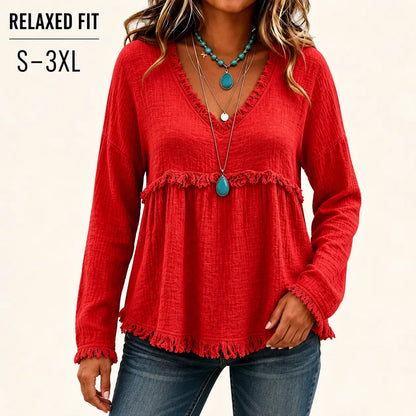 Women's Boho V Neck Long Sleeve Fringe Top Plus Size