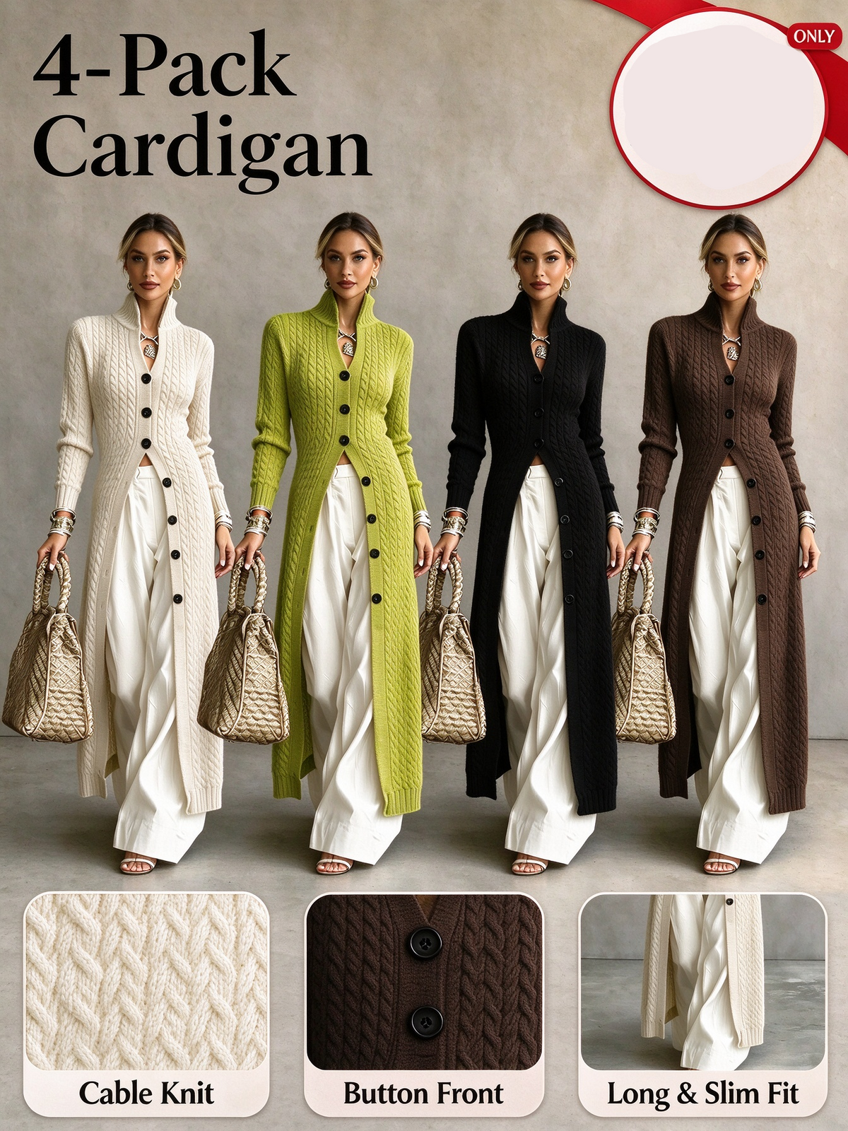 Women's Stand Collar Single Button Cable Knit Long Cardigan
