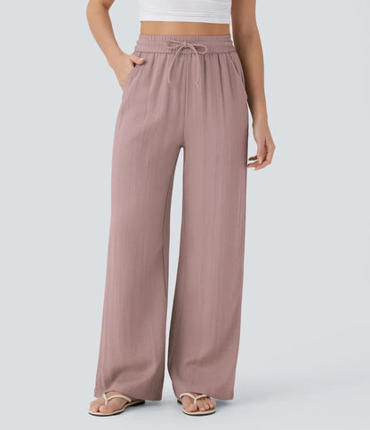 ⏰Clearance Sale⚡High Waisted Drawstring Pocket Wide Leg Casual Linen-Feel Pants