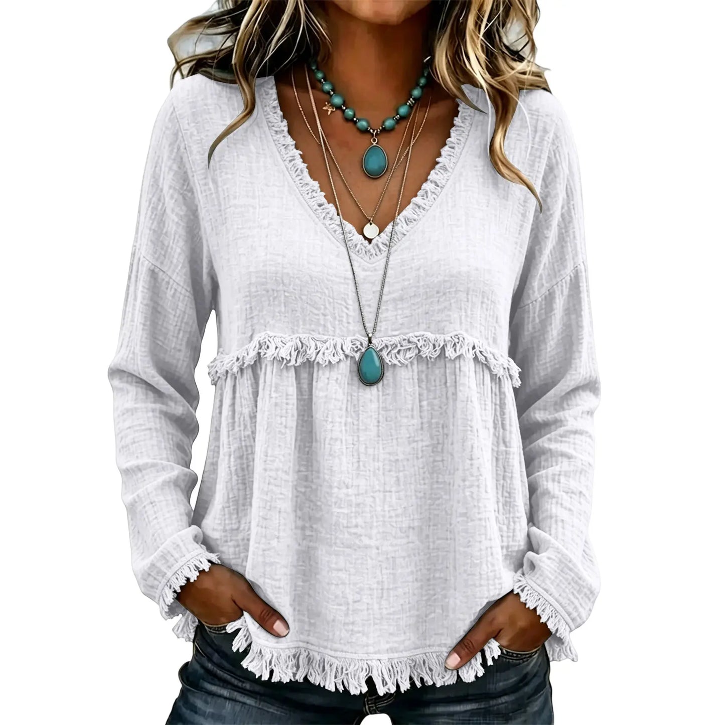 Women's Boho V Neck Long Sleeve Fringe Top Plus Size