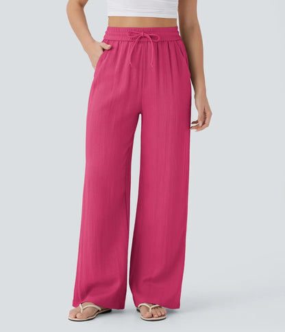 ⏰Clearance Sale⚡High Waisted Drawstring Pocket Wide Leg Casual Linen-Feel Pants