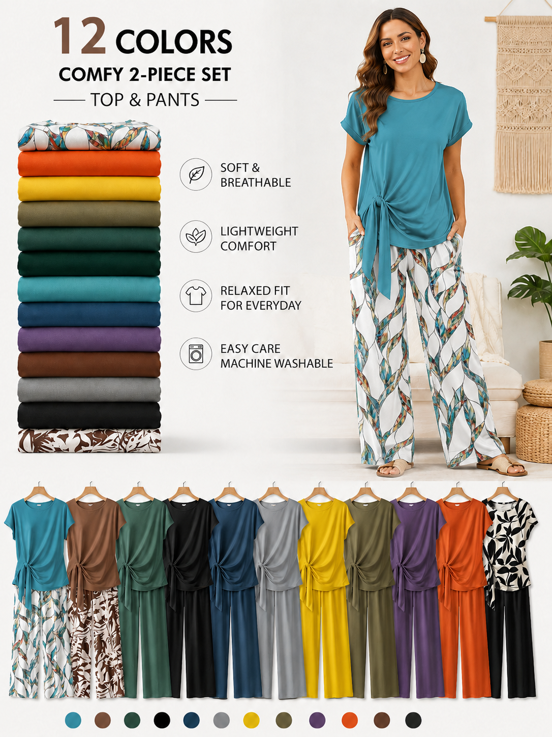 Women's Casual Printed Necktie Shirt and Loose Straight Pants Set