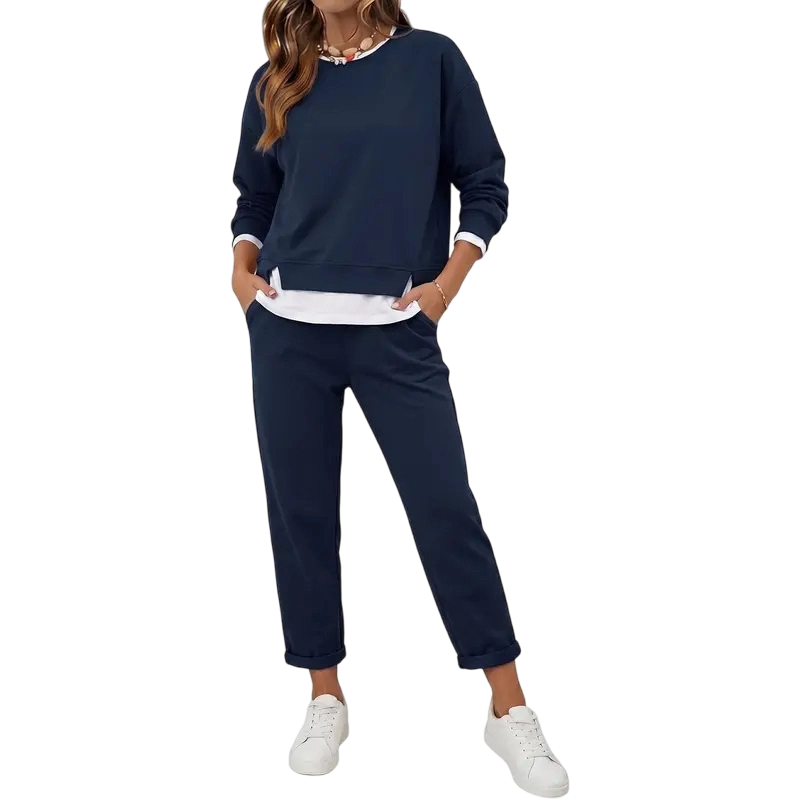 Women's 2 Piece Set Fake Layering   Crewneck Fleece Long