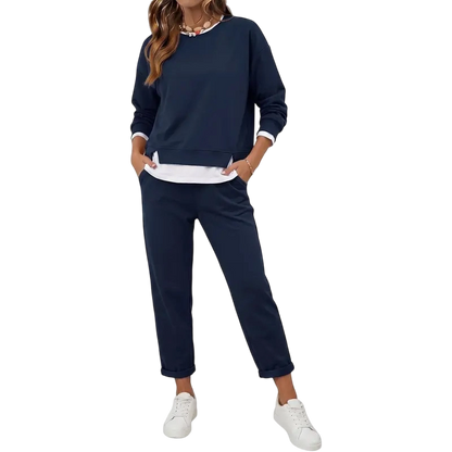 Women's 2 Piece Set Fake Layering   Crewneck Fleece Long