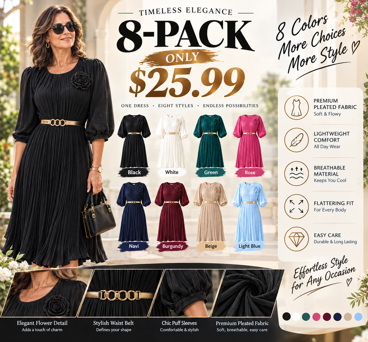 Women's 3/4 Sleeve Pleated Midi Dress with Belt